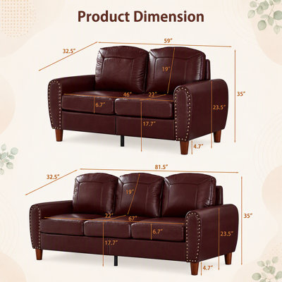 Breathable Faux Leather Sofa For  Living Room,2-pieces Sofa Set,Loveseat and Sofa,Rolled Arm Sofa with Nails,Comfy Leather Couch, Burgundy.