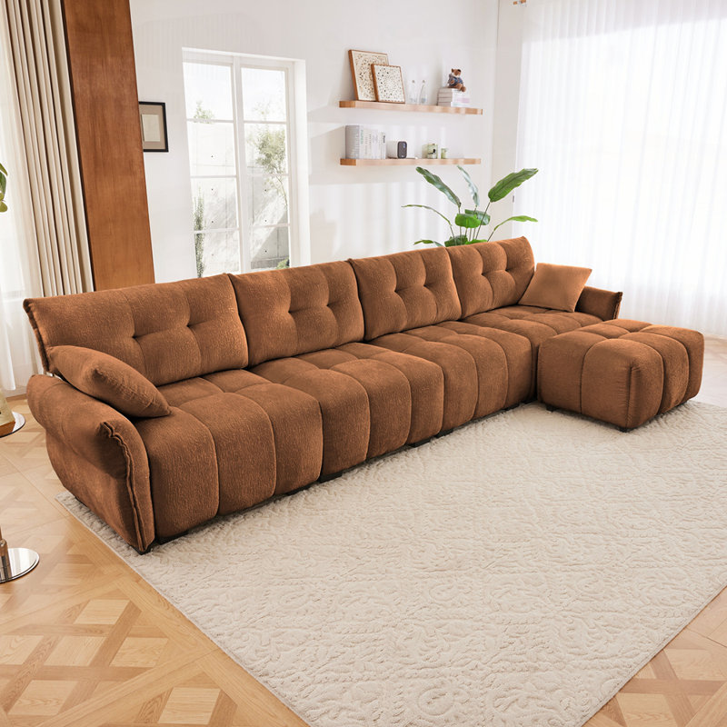 Canapé modulaire 4 places avec repose-pieds en bois massif, Orange, H 35,4 po x l 141,7 po x P 61 po, 4