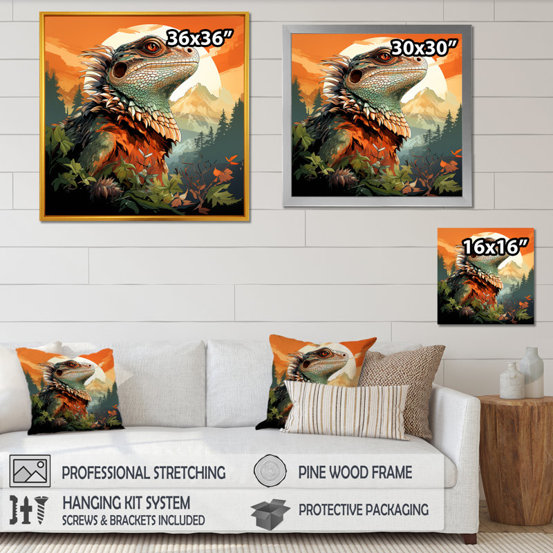 Forêt, lézard, art mural, Cadre simple noir, H 36 po x l 36 po x P 1,5 po