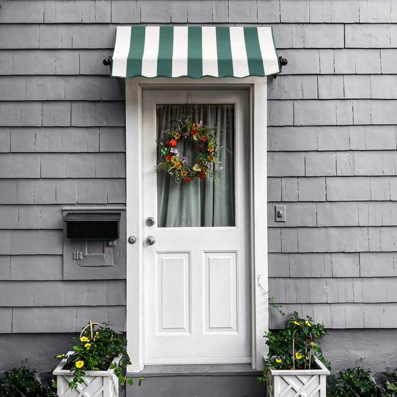 Awntech Charleston Acrylic Fabric Awning with Iron Scroll Arms, Forest/White Stripe, 24" H x 124.5" W x 36" D