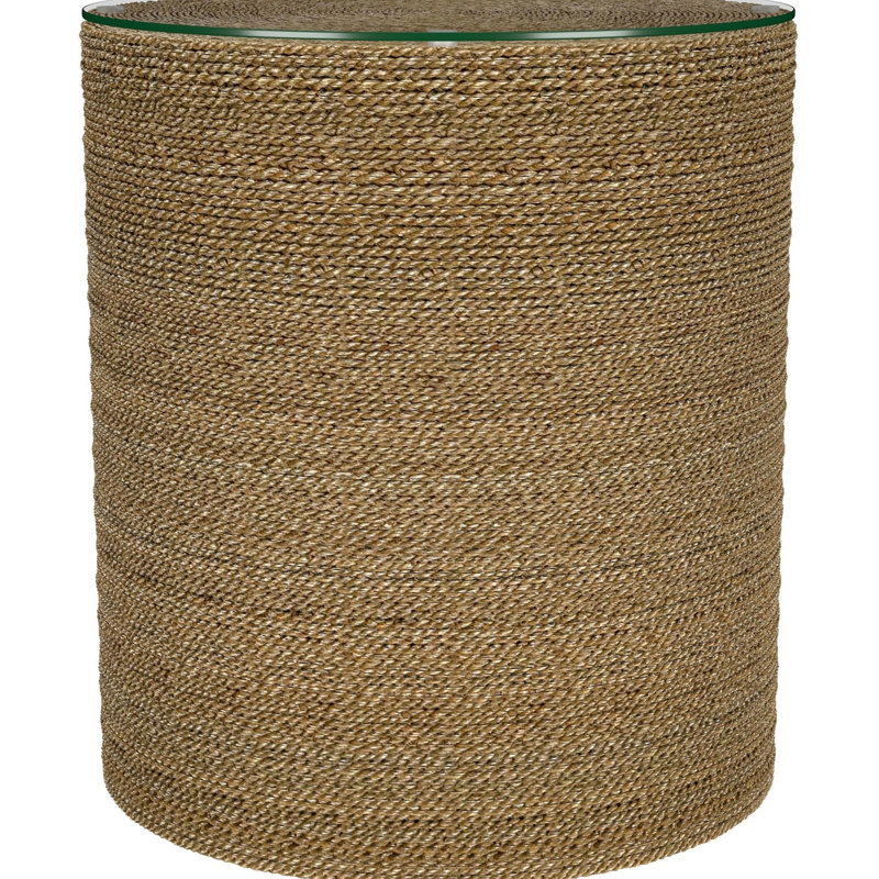 Table d'appoint ronde brune avec texture de ruppie maritime et plateau en verre esthétique
