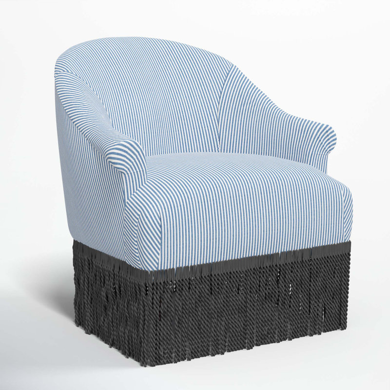 Callie Cotton Upholstered Barrel Chair with Recessed Rolled Arms and Solid Wood Legs, Black, Prep Stripe Blue