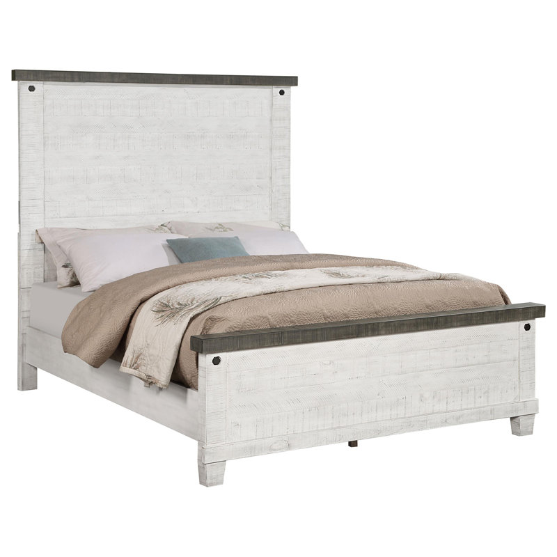 Kaiiden Premium Craftsmanship - Lit à panneau grand en bois Kaiiden blanc vieilli, Grand lit