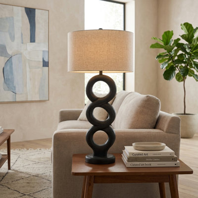 Lampe de table moderne à anneaux empilés pour éclairage de chevet pour chambre à coucher avec petite lampe de bureau artistique avec base en bois pour salon 34 ", noir