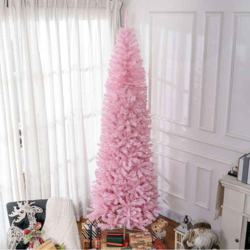 Sapin de Noël artificiel mince de 8 pi de hauteur avec lumières douces 811 branches de sapin réalistes, rose, 7.9'