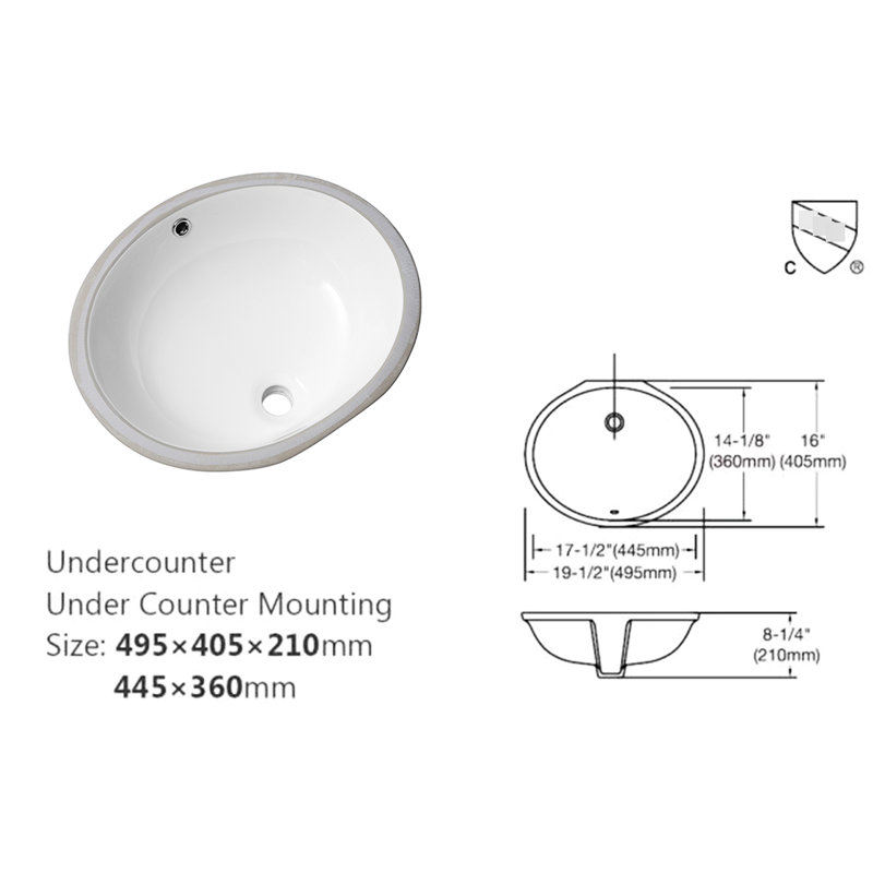 Lavabo de salle de bain ovale en céramique à encastrer sous plan - 48 x 41 cm, blanc, avec trop-plein, fini mat - Style moderne et élégant