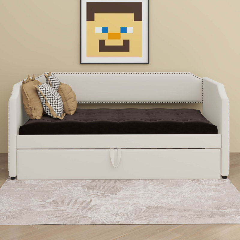 Twin Size Upholstered Daybed With Pop Up Trundle, Velvet Upholstered Daybed With Trundle, Beige
