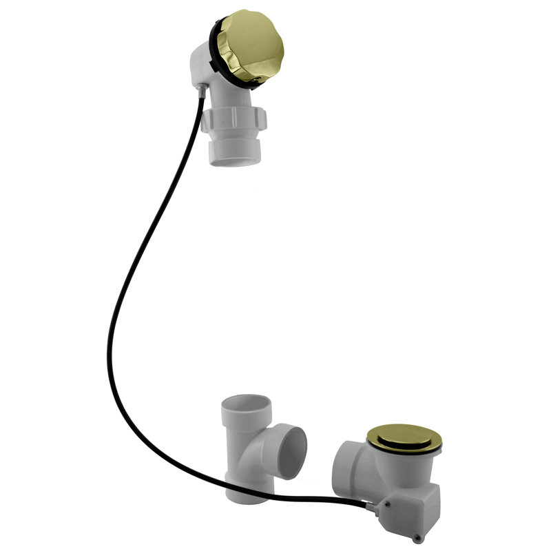 45" Cable Drive Pop-Up Bathtub Drain Trim with PVC Fittings and Ball Joint Elbow Rotary Overflow, Polished Brass