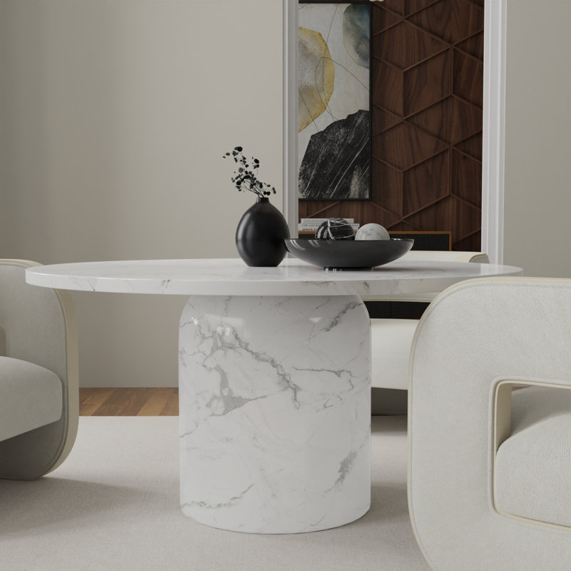 Burga Round 60'' Marble Dining Table, White Marble with Dark Gray Veining