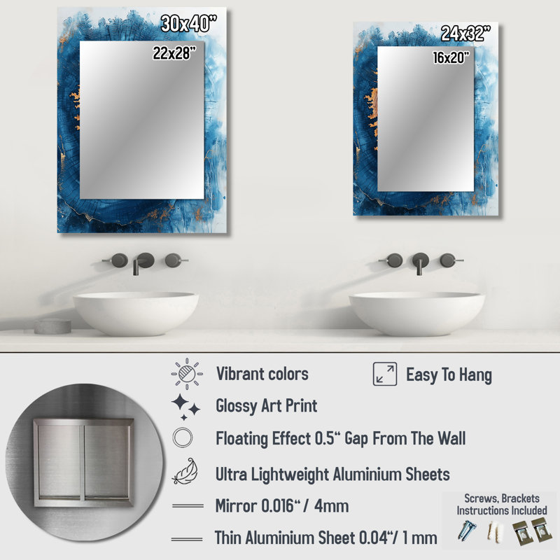 Gold Blue Aqua Wood Slice Reverie II - Tree Mirror, Modern Unique Wall Mirror, Printed Metal Art, 40" x 30"