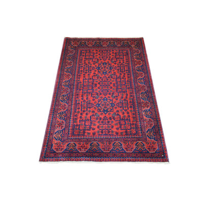 3'4"x4'10" Deep Red Afghan Khamyab Soft Wool Hand Knotted Rug 03D75103E5B44C3A8A3C3B4F7D357E3A