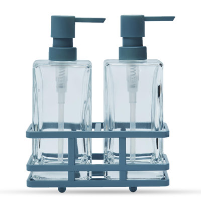 Distributeur de lotion et de savon carré en verre transparent, 3 pièces, avec support en métal, idéal pour la salle de bain, la cuisine, la maison, le bureau, les voyages et les hôtels. Fabriqué artisanalement. Poids lourd. Bleu spa.