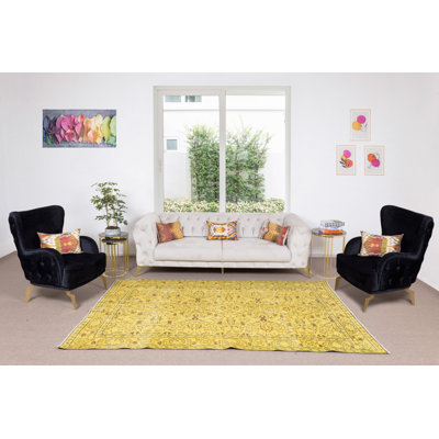 5.6x9 Ft Floral Pattern Yellow Over-dyed Rug, Upcycled Turkish Handmade Wool Carpet