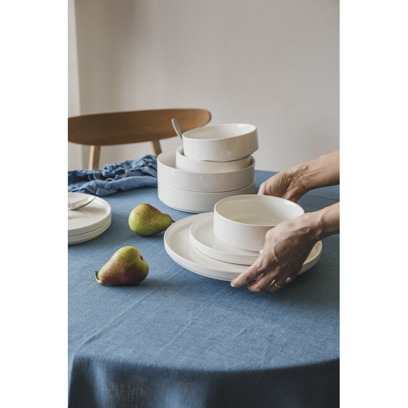 over&back Stackable 16-Piece Semi Hand-Finished Stoneware Dinnerware Set, Glossy White