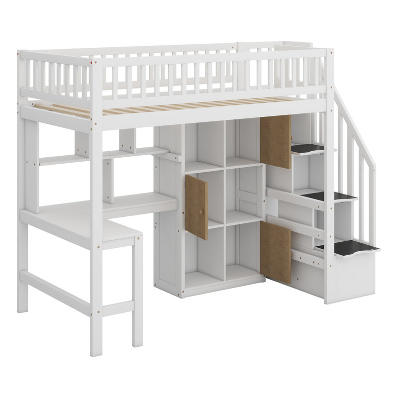 Lit mezzanine en bois avec bureau intégré, DEL, tablettes de rangement, armoires et escalier, Blanc