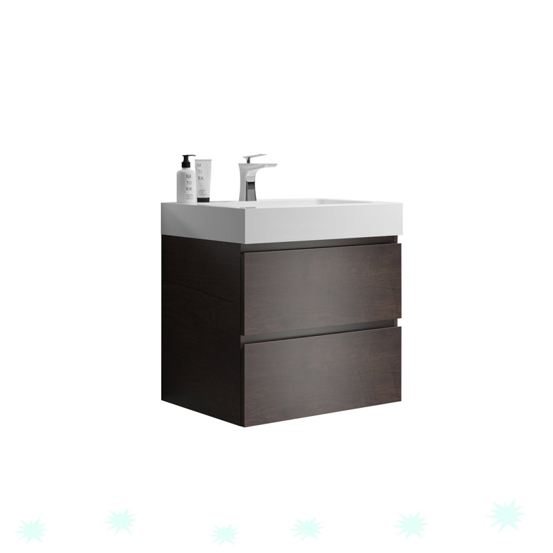 Wall Mounted Floating Bathroom Vanity with Sink, Walnut
