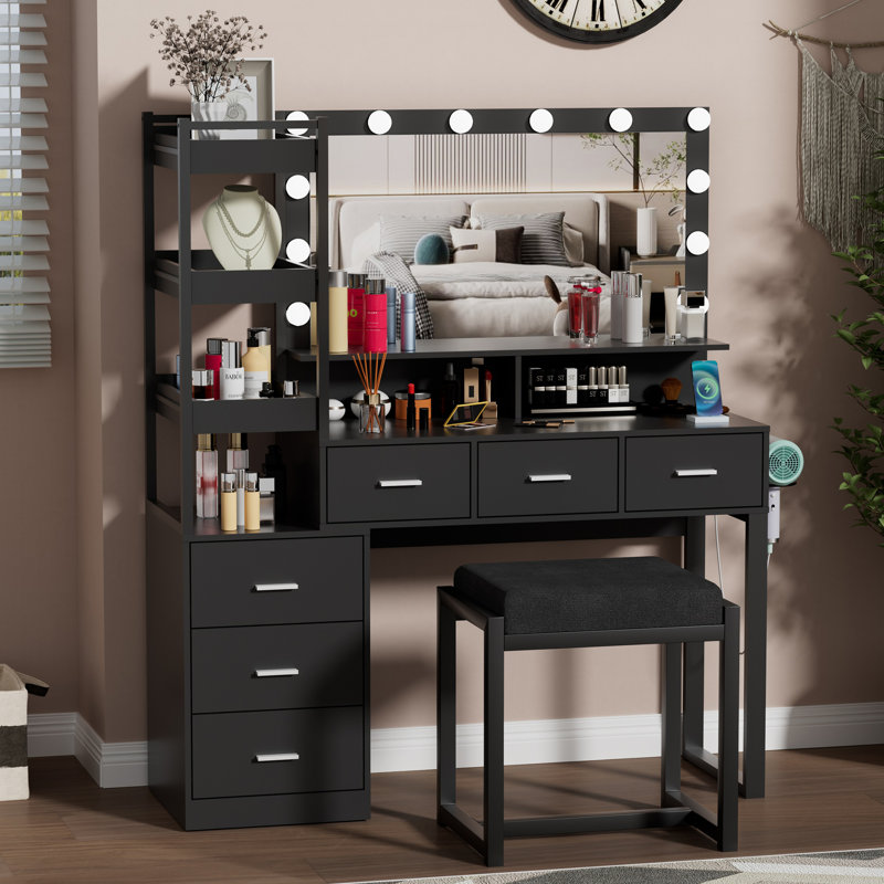 Kelila Makeup Vanity Desk with Lighted Mirror and Charging Station, Black
