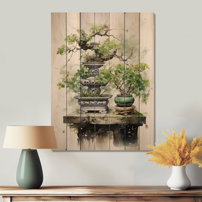 Japon Art Meditative Green Bonsai III Print on Natural Wood