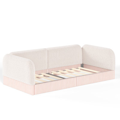 Teddy Fleece Daybed, Upholstered Teddy Fleece Floor Bed Frame with Side Guardrails, Half-enclosed Montessori Floor Bed, Multifunctional DayBed, Low Profile Platform Bed for Nursery