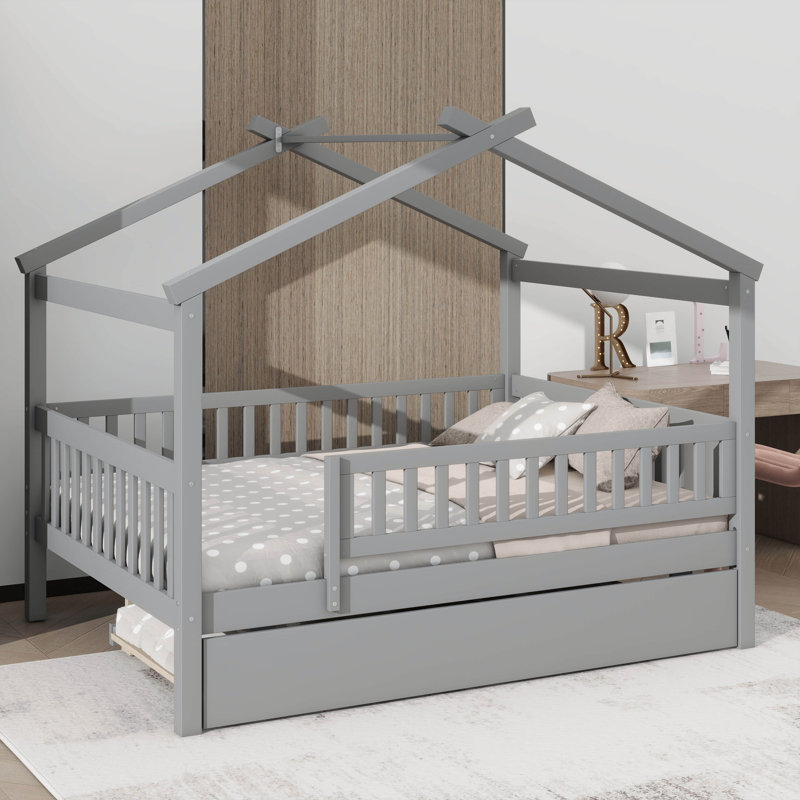 Wooden House Bed with Trundle, Full, Gray