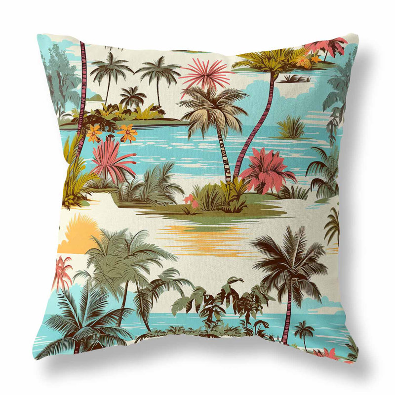 Coussin décoratif réversible intérieur / extérieur Tropical Beach, H 26 po x l 26 po, Bleu / brun / rose