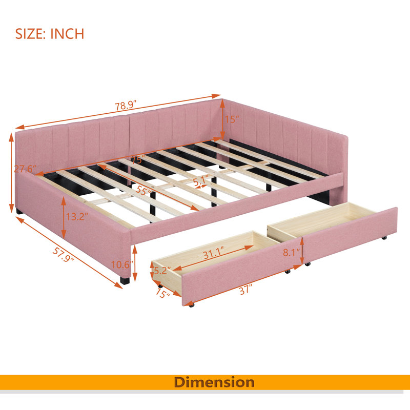 Full Size Upholstered Daybed With 2 Storage Drawers Sofa Bed, Pink
