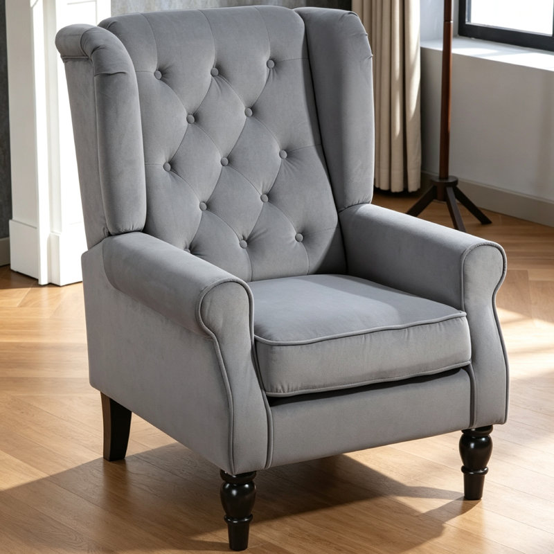 Wingback Accent Chair, Retro Upholstered Button Tufted Occasional Chair For Living Room And Bedroom,, Light Grey