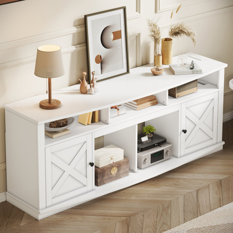 70" Farmhouse TV Stand, Modern Media TV Console Table With Timeless Barn Doors & Storage Cabinets, White