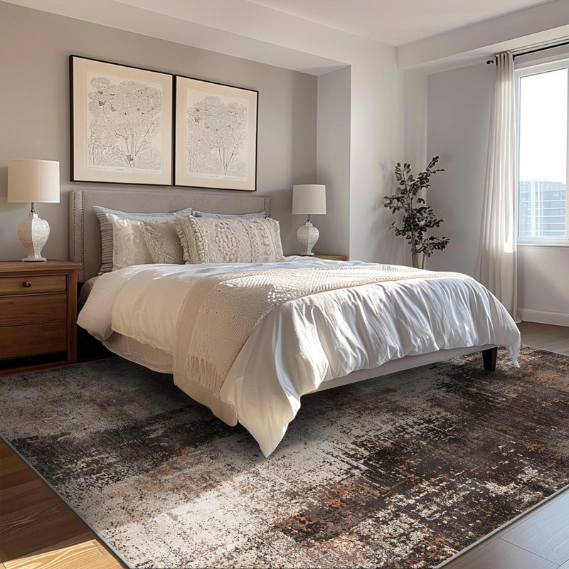 Modern Livid Abstract Low Pile Area Rug, Earthen Brown Carpet Faux Short Pile Area Rug for Dining Room Kitchen Office