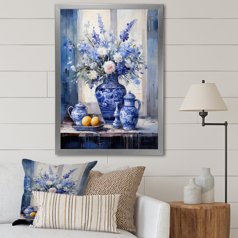 Boho bleu et blanc plante poterie IV - Boho, Cadre simple argenté, H 20 po x l 12 po x P 1 po