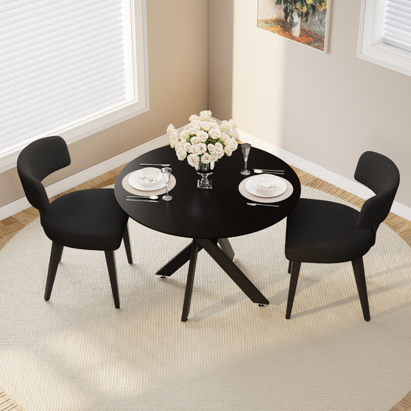 36in Round Dining Table with Black Teddy Side Chair, Black, 3 Pieces: Table, 2 Chairs