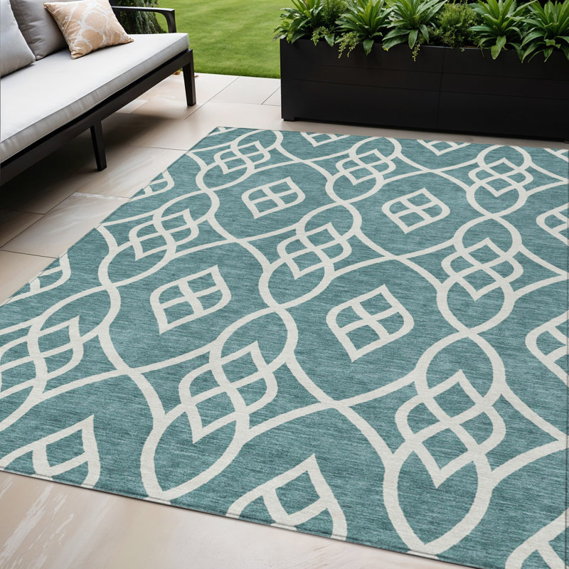 Tapis bleu sarcelle et ivoire lavable à l'extérieur 5 pi x 8 pi bleu sarcelle et ivoire