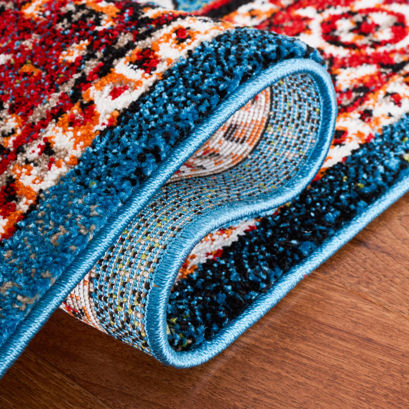 Tapis rétro rouge / bleu Hamadan 259, Tapis de couloir 2 pi 3 po x 8 pi