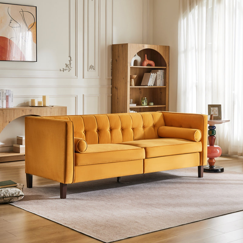 Chelsea 77'' W Mid Century Upholstery Tufted Sofa, Ginger Velvet, Iron Framework