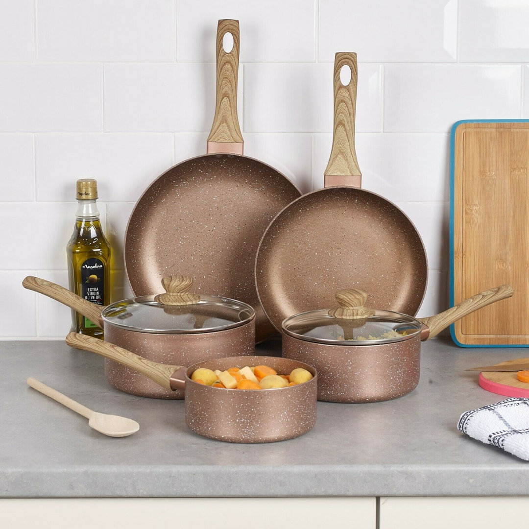 Belfry Kitchen Rose Gold Pots & Pans With Wood Look Handles[24Cm Frying Pan + 28Cm Frry Pan + 18Cm Sauce + 20Cm Sauce + Milkpan [848357]]