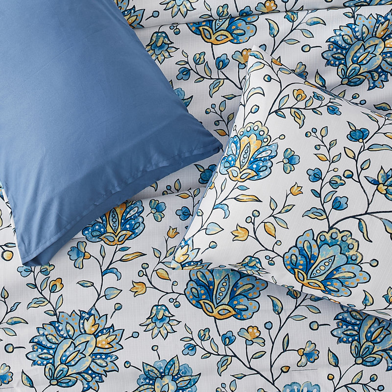 Wonderful Floral Comforter Set Linen-Like Fabric With Slub Texture, Blue, Queen Comforter + 2 Standard Shams