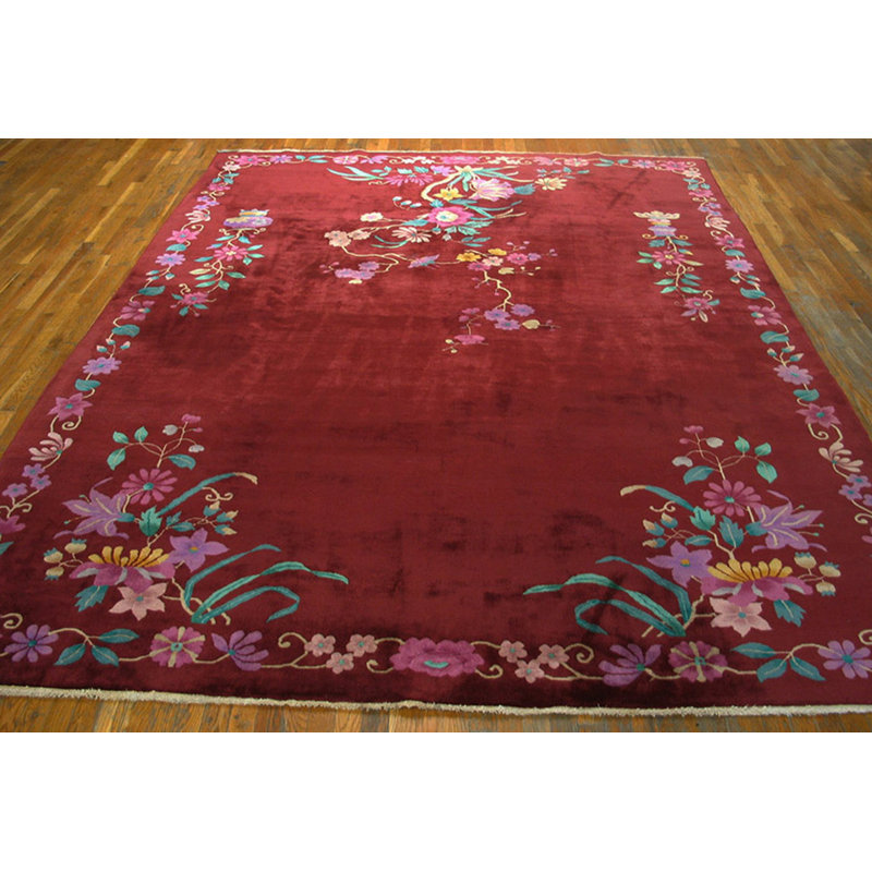 Rectangle 1930s Knotted Wool Antique Chinese Room Size - Art Deco Coral Rug