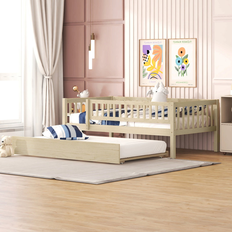 Wood Daybed With Trundle And Fence Guardrails, Twin, Natural