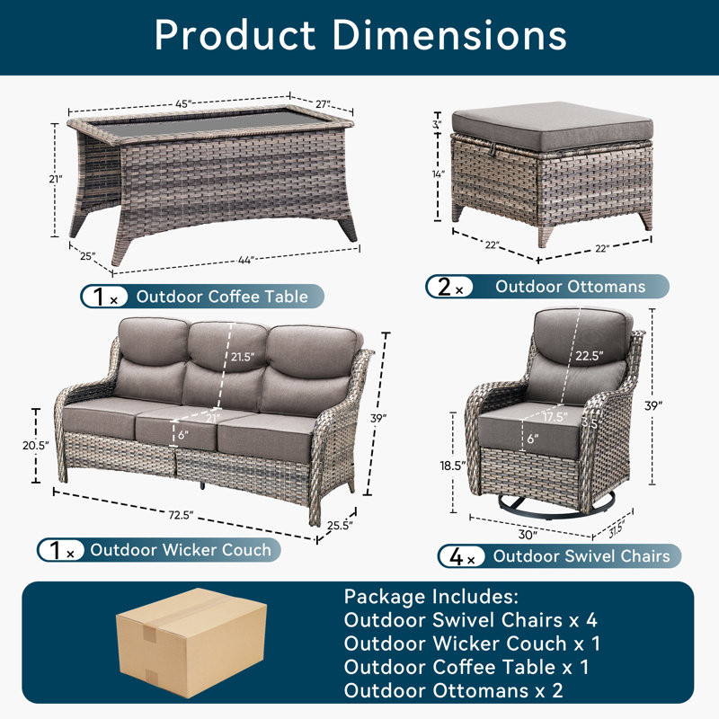 Ensemble de mobilier de patio en osier - ensemble de conversation modulaire en rotin 8 pièces avec 4 chaises berçantes pivotantes, 2 repose-pieds, 1 canapé et 1 table basse pour terrasse
