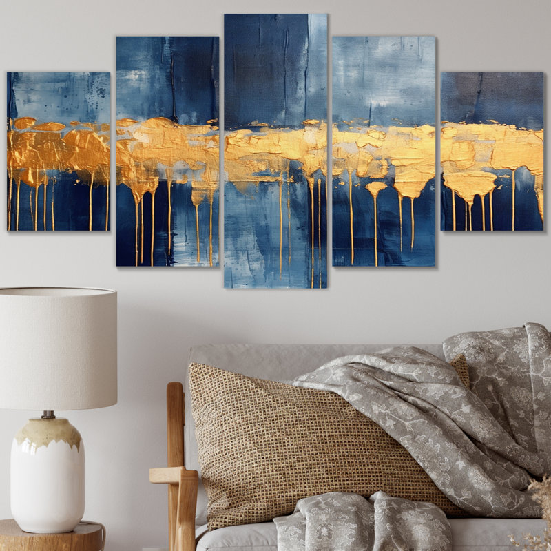 «Waves Of Joy Minimal Nova Blue and Gold II», reproduction sur toile abstraite - 5 panneaux