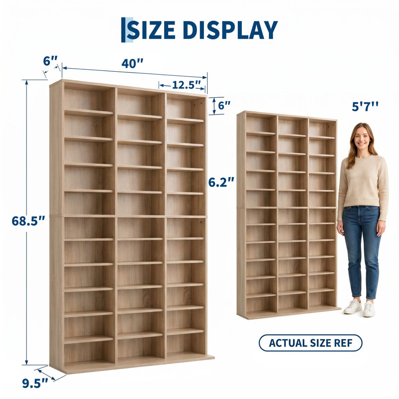 Tour multimédia haute de 11 niveaux, armoire de rangement à 33 compartiments avec étagères réglables, couleur naturelle, Brun