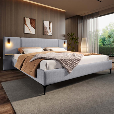 Chic Linen Upholstered Bed With Integrated Lights And Shelves, Combining Style And Functionality For Modern Bedrooms