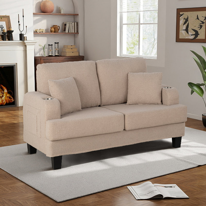 Causeuse 60 po, siège à assise profonde 22,5 po avec porte-gobelet et port USB / Type-C 60 po, Beige bouclé