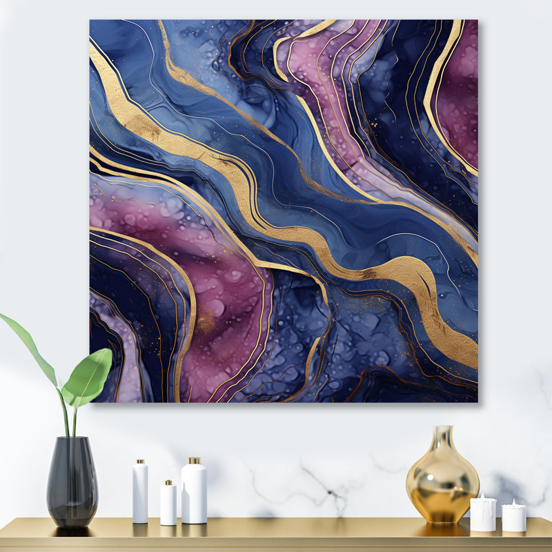 Essence de marbre abstraite bleue et dorée III - décoration murale en marbre, H 29 po x l 29 po