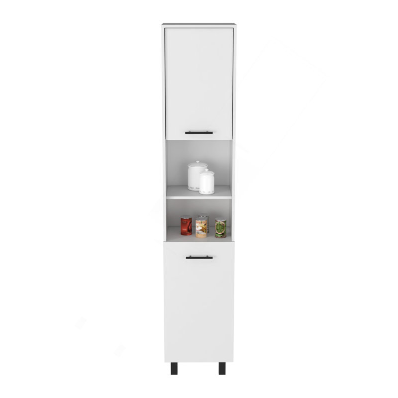 Kitchen Pantry H 79 po, deux tablettes de rangement ouvertes, trois tablettes internes, deux portes, quatre pieds, blanc
