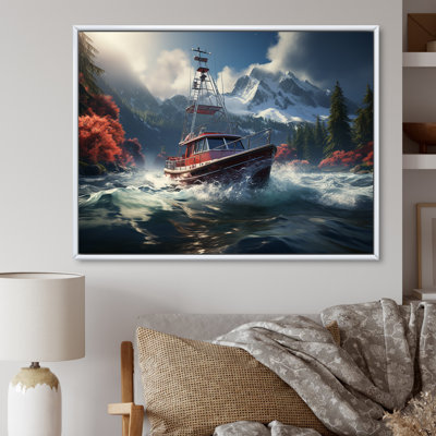 Bateau de pêche rouge et blanc dans une rivière III - Bateau de pêche, art mural