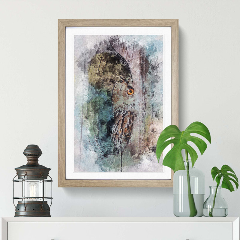 Peeping Great Horned Owl in Abstract - Picture Frame Painting Print, 65cm H x 48cm W x 2cm D, Oak Framed