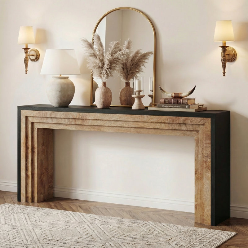70.9 Inch Long Console Table For Entryway, Black/Light Oak