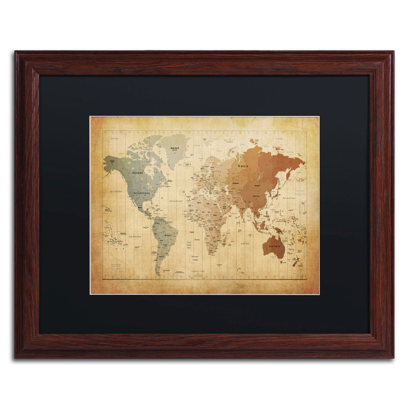« time fuseaues map of the world », reproduction d’impression sur toile encadrée en brun, Noir, H 16 po x l 20 po