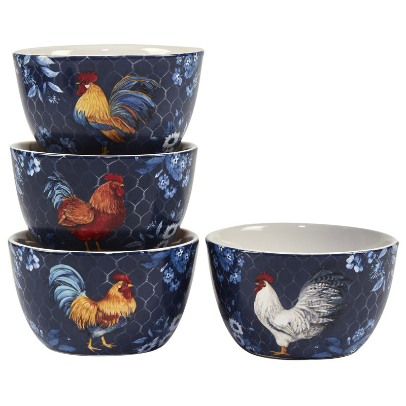 Indigo Rooster Ceramic 16-Piece Dinnerware Set, Service for 4